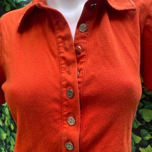 Tory Burch Women's Orange Short Sleeve Button-Up Polo Top logo Gold Buttons